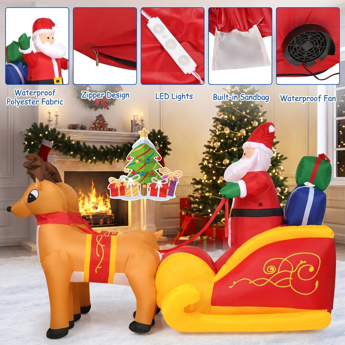Airfind 7.5 Feet Waterproof Outdoor Inflatable Santa with Double Deer and Sled, Polyester fabric Frame, Show in the picture