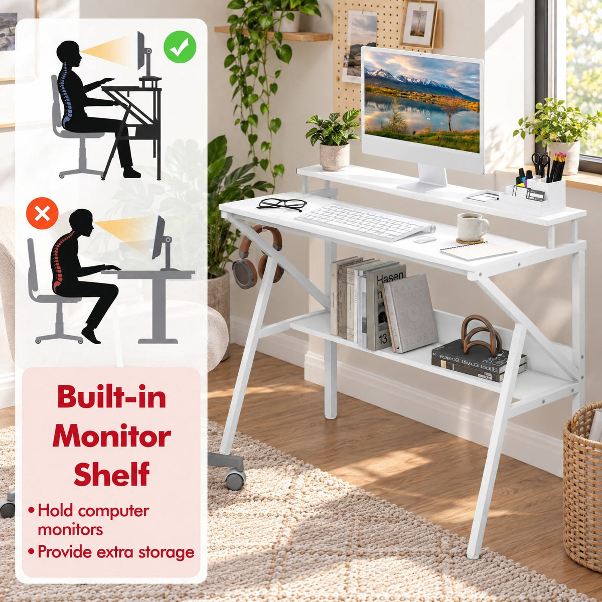 Airfind Space Saving Computer Desk with Monitor Stand and Extra Storage Shelf for Work Study, 200 lbs Capacity, Engineered Wood Metal Frame, White