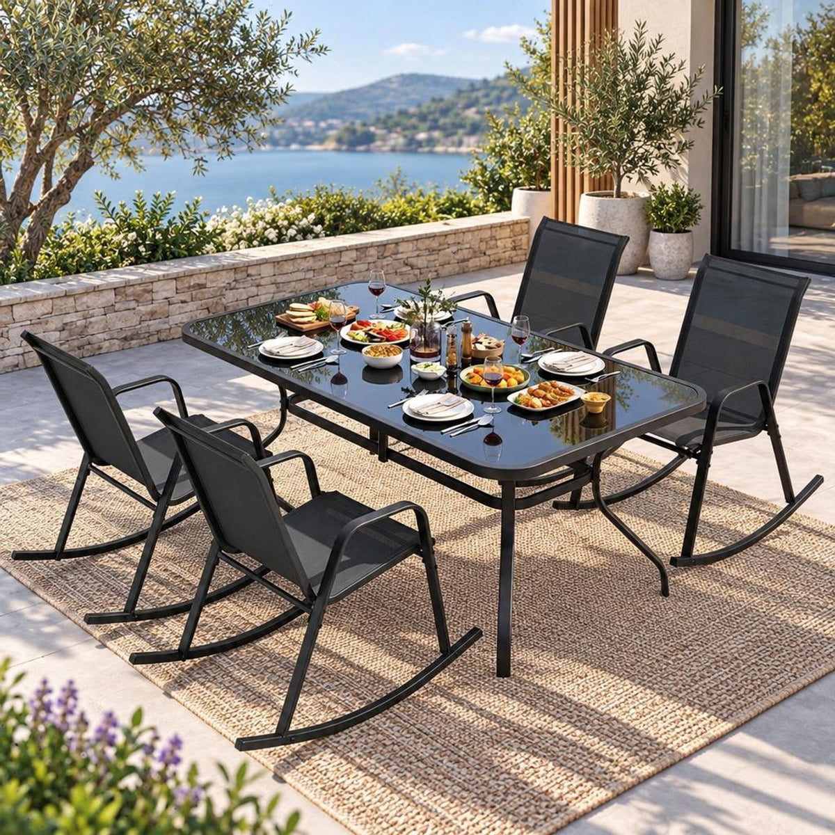 Airfind Set of 2 Metal Patio Rocking Chair with Breathable Seat Fabric, 330 lbs Capacity, Fabric Metal Frame, Black