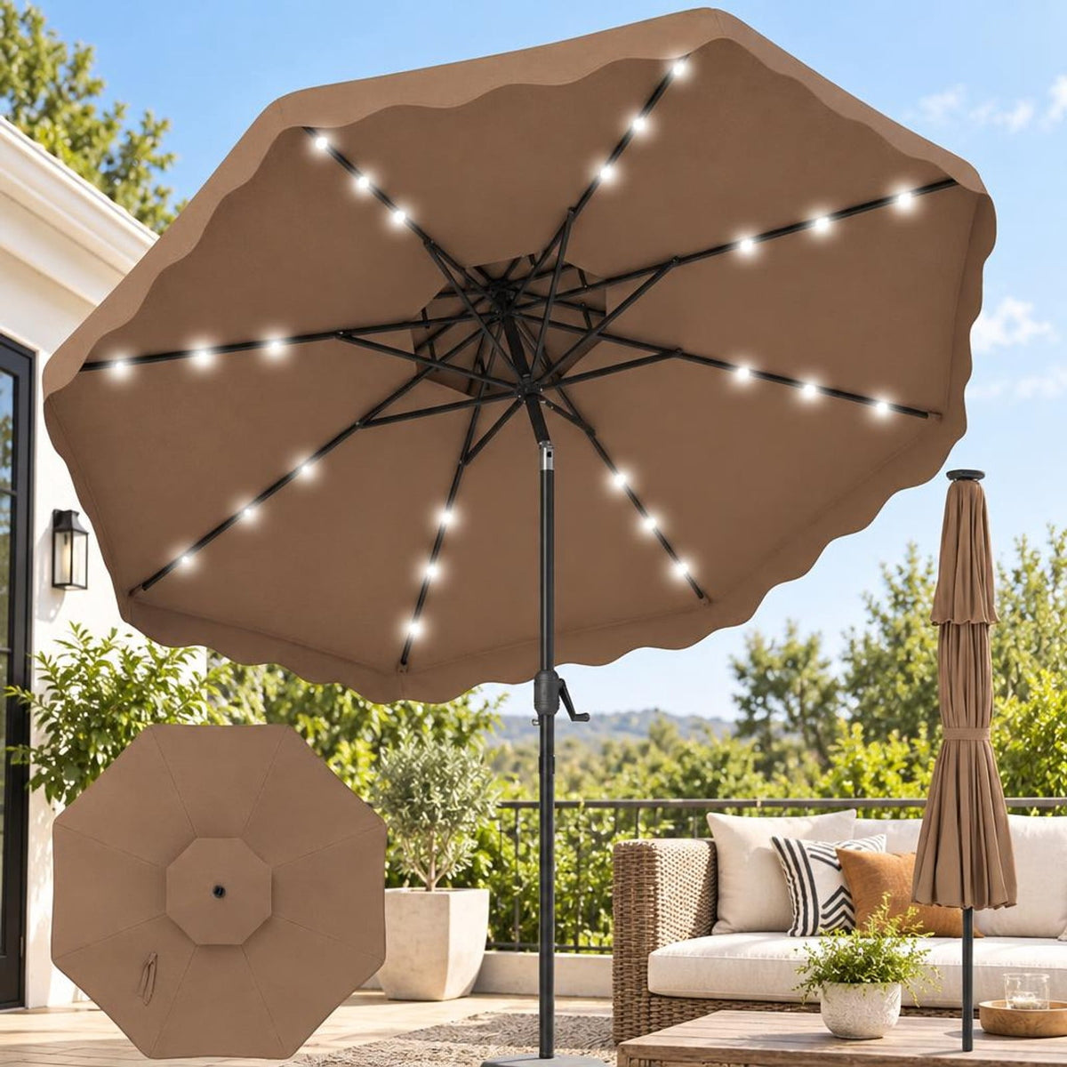 Airfind 9 FT Solar LED Patio Umbrella Push-Button Tilt and Crank 24 LED Lights and 8 Ribs, Polyester Fabric Metal Frame, 9 x 8.2 ft Footprint, Brown