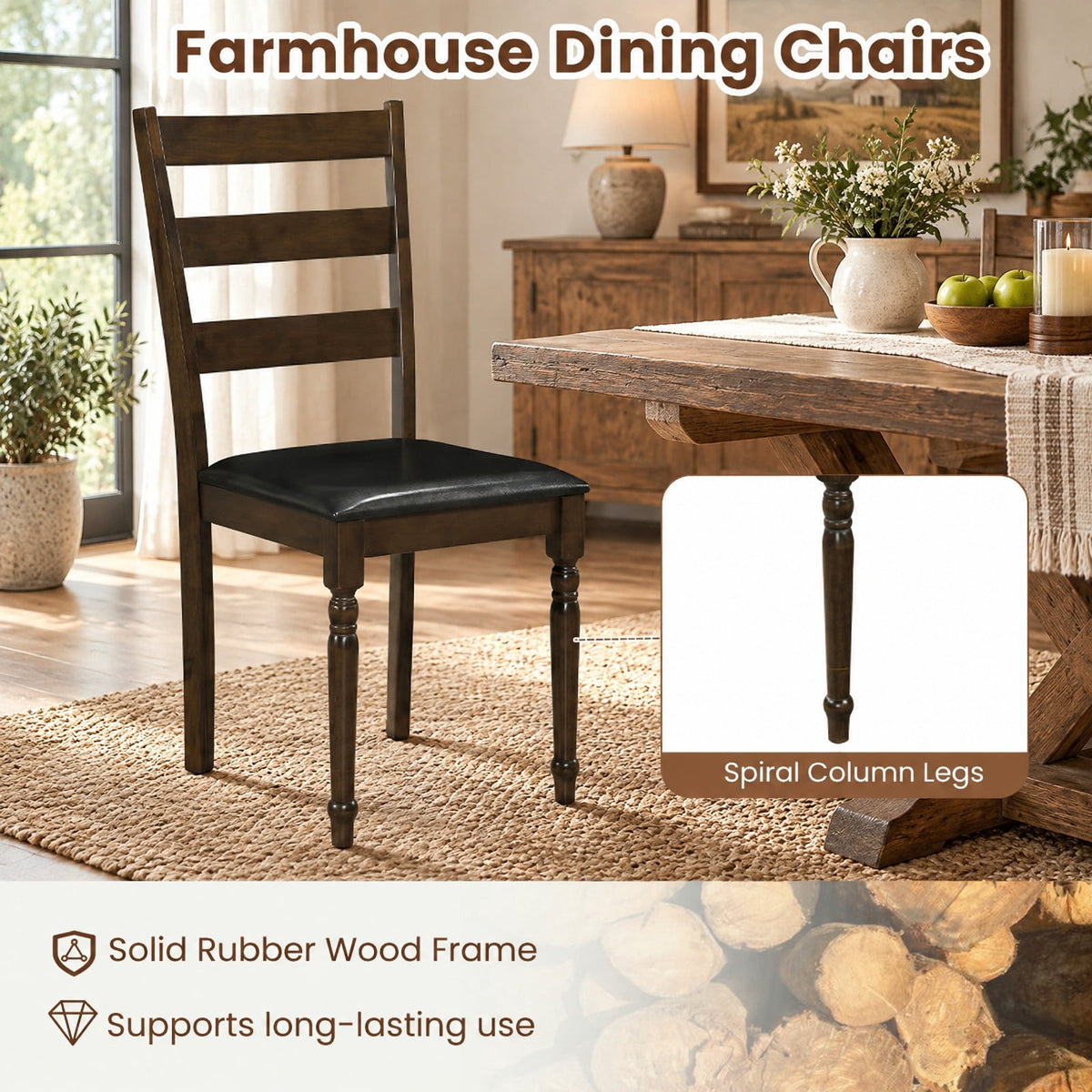 Airfind Farmhouse PU Leather Upholstered Dining Chairs Set of 2, Chair 330 lbs Capacity, Rubber Wood PU Leather Sponge Engineered Wood Frame, Brown