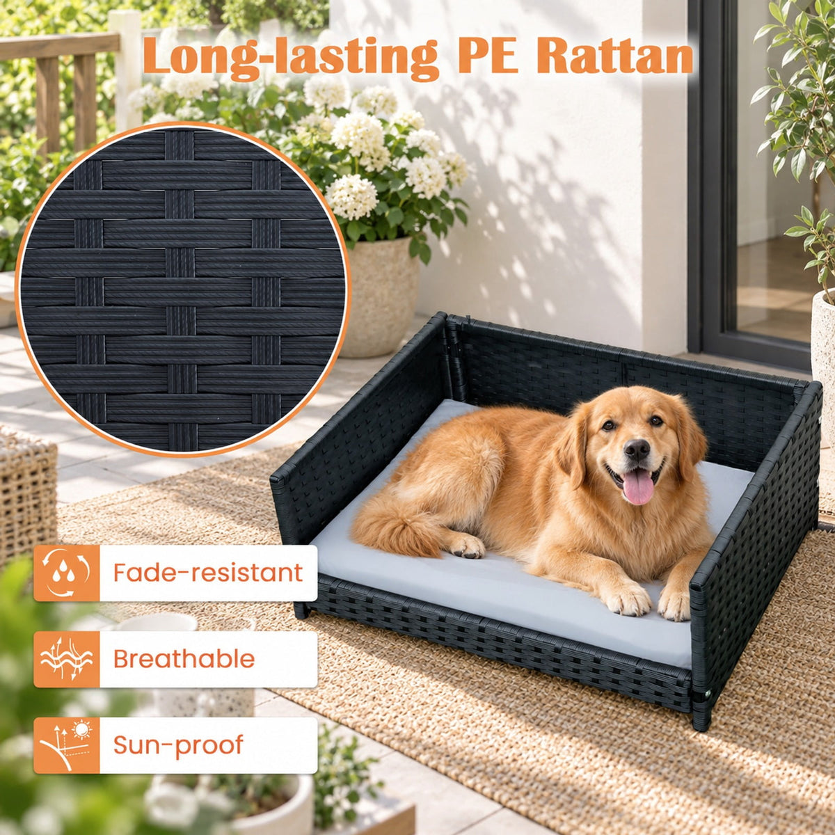 Airfind Rattan Dog Bed with Waterproof Soft Cushion for Medium Small Dogs Cats, 66 lbs Capacity, 24.5in x 18in x 10in Footprint, Gray