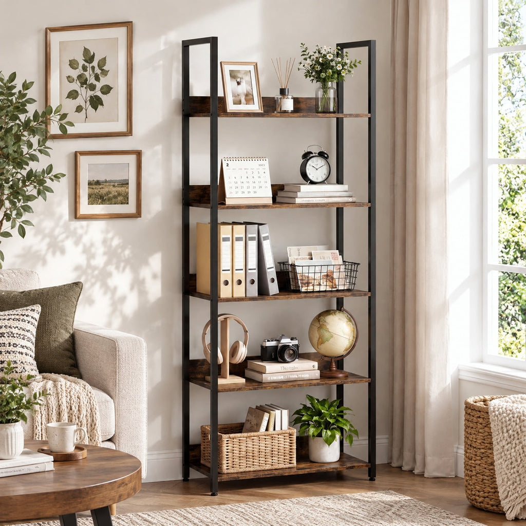 Airfind Bookshelf, 5-Tier, Tall Wooden Open Bookcase with Back Panels, 33 lbs Capacity, Engineered Wood Metal Frame, 24 Inch x 12 Inch x 61 Inch Footprint, Brown