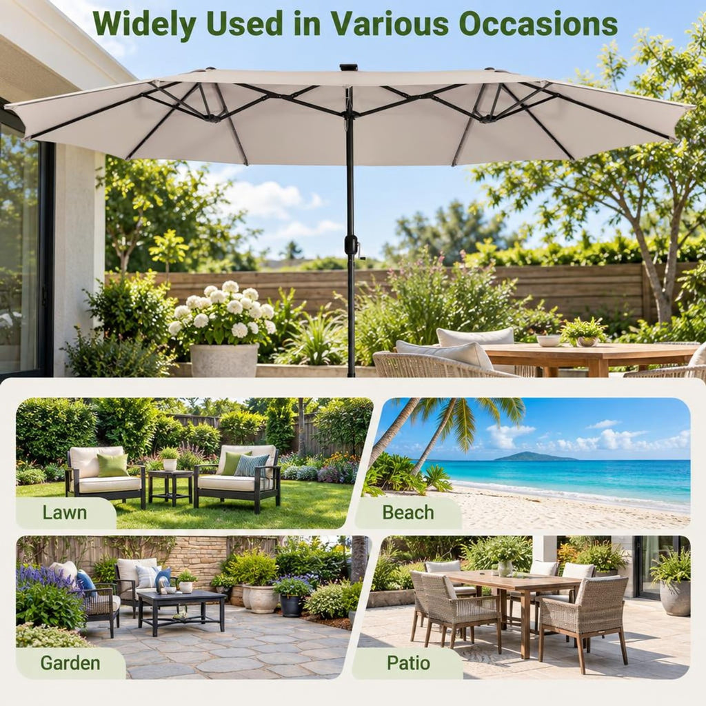 Airfind 15 Feet Twin Patio Umbrella with 48 Solar LED Lights, Steel polyester fabric Frame, 15.4 x 9.2 x 8 (L x W x H) Pole Footprint, Beige