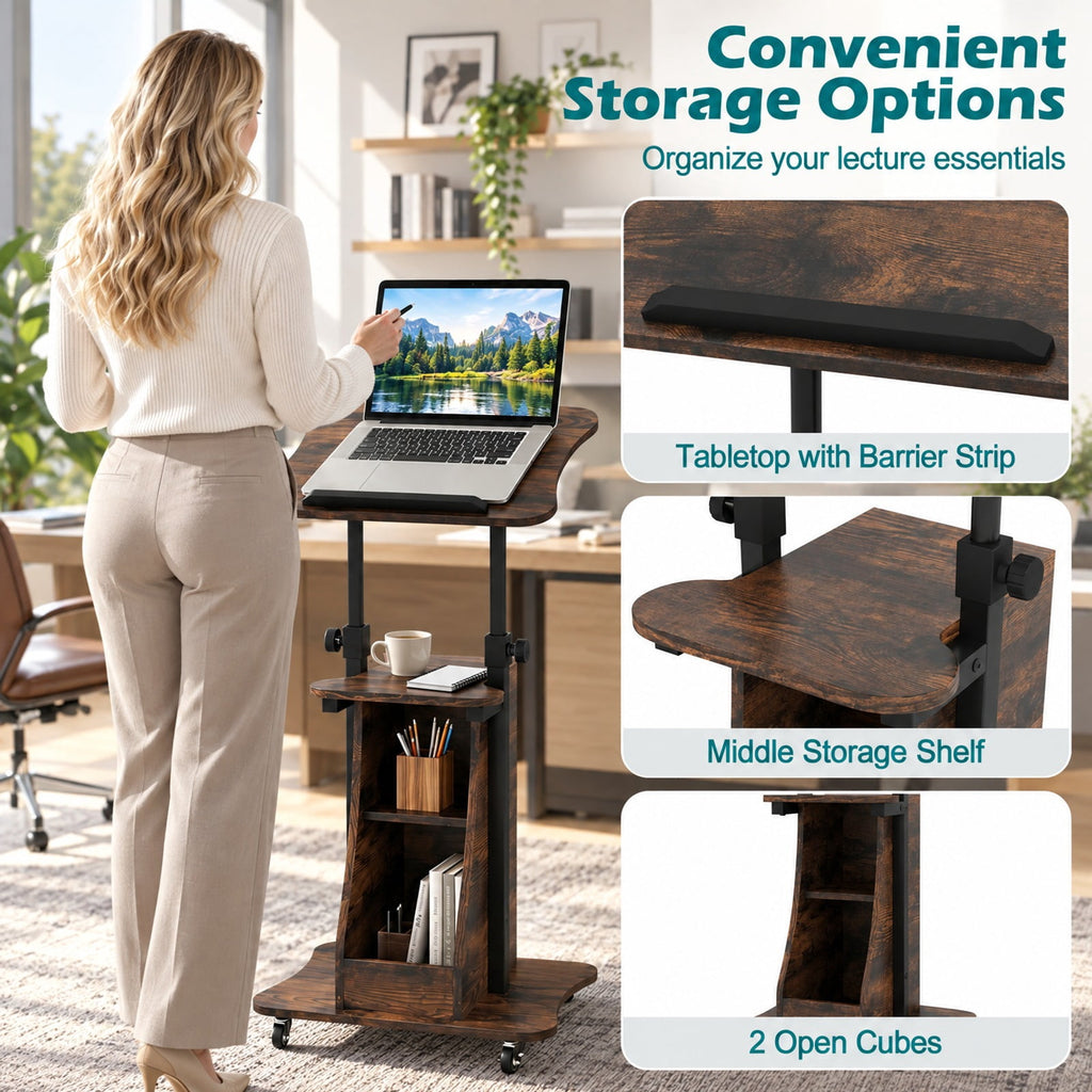 Airfind Mobile Podium Stand Height Adjustable Laptop Cart with Tilting Tabletop and Storage Compartments, 200 lbs Capacity, Brown