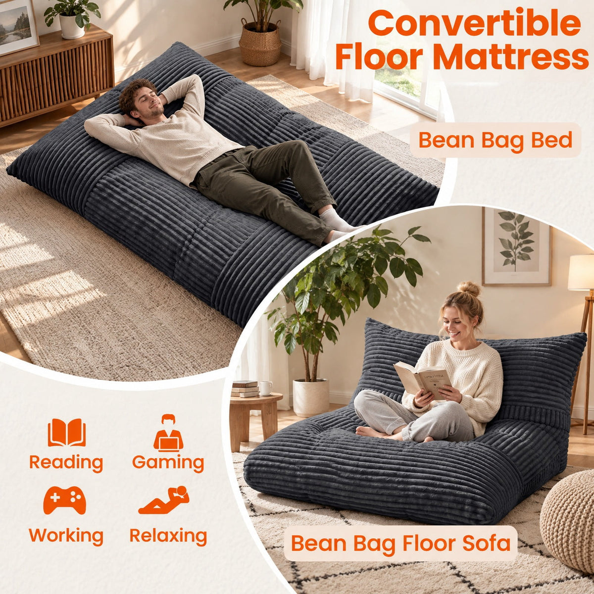Airfind Convertible Bean Bag Floor Sofa with Machine-washable Corduroy Cover, Corduroy Fabric Sponge Frame, 76.5 x 55 x 7.5 Footprint, Dark Gray