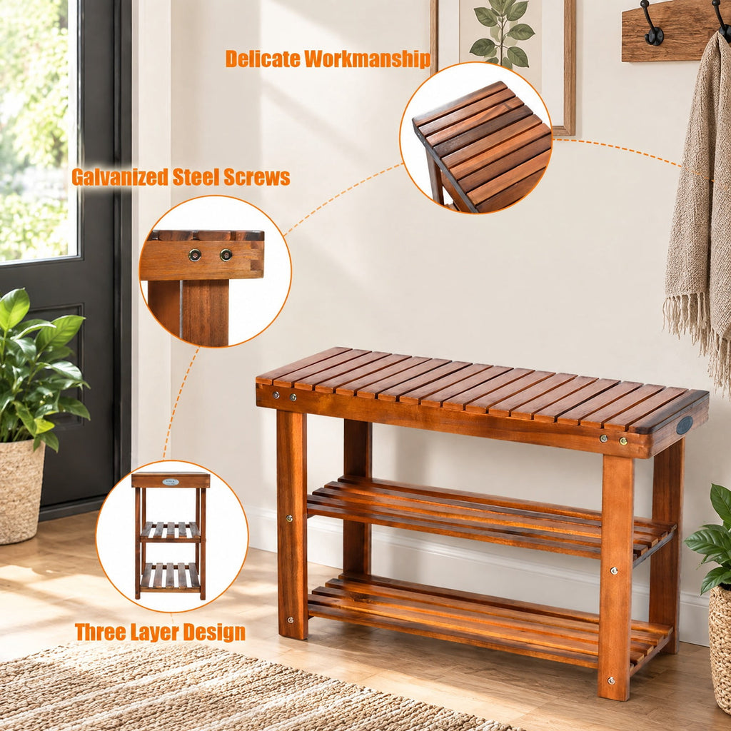 Airfind Freestanding Wood Bench with 3, 180 lbs Capacity, Acacia wood, 27.5 Inch x 11 Inch x 17.5 Inch (L x W x H) Weight: 10 lbs, Wood