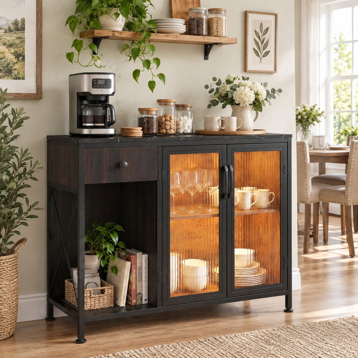 Airfind Buffet Sideboard with Doors, Power Outlets and LED Light, 110 lbs Capacity, Engineered Wood Cabinet for Dining Room, Black