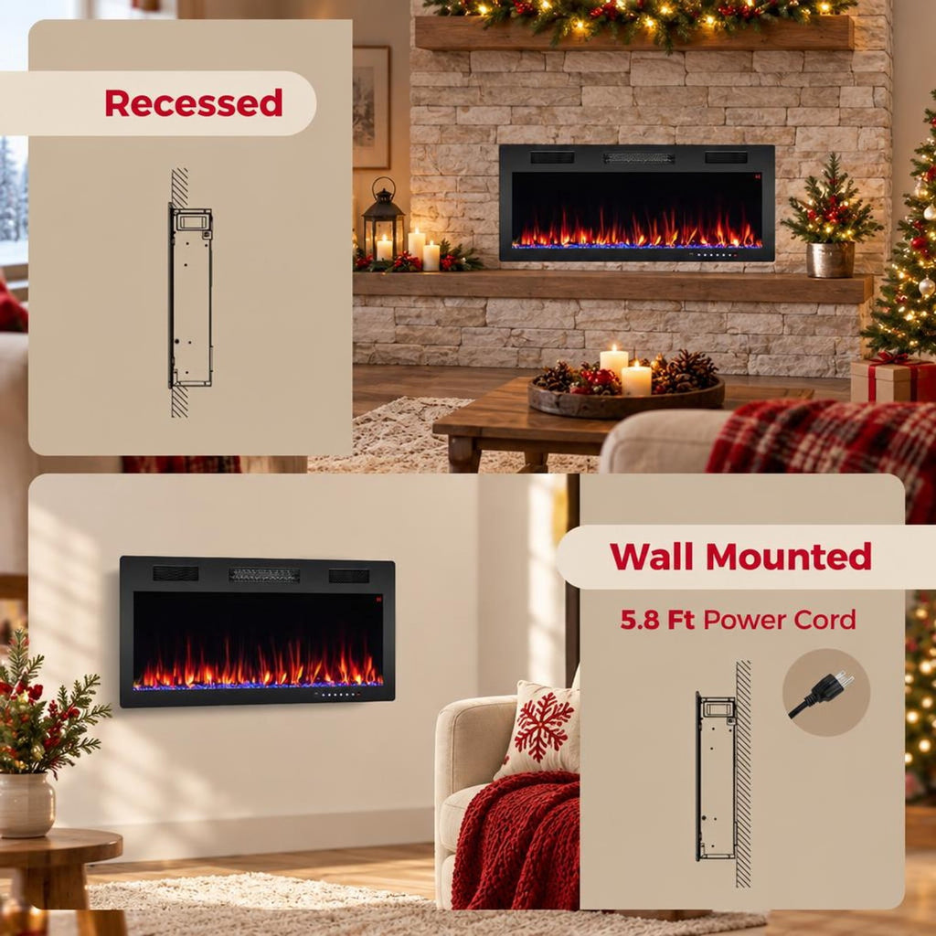 Airfind Electric Fireplace 40/50/60 Inches Recessed and Wall Mounted for 2ft x 6ft Stud-40 Inches, CRS Tempered Glass Frame, Black