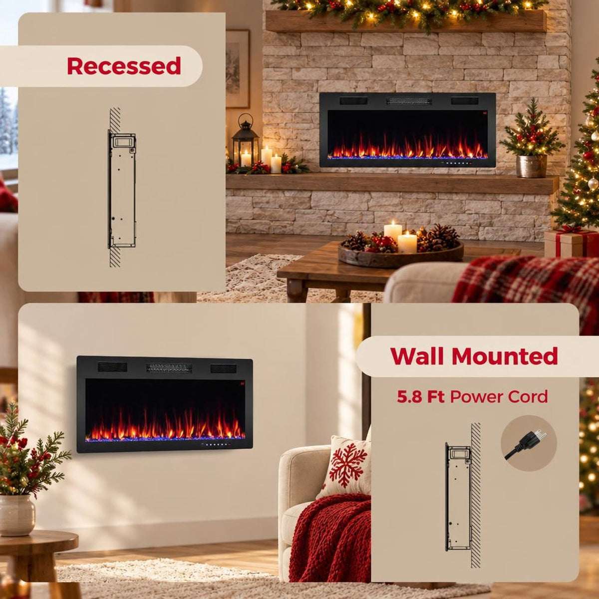 Airfind Electric Fireplace 40/50/60 Inches Recessed and Wall Mounted for 2ft x 6ft Stud-40 Inches, CRS Tempered Glass Frame, Black