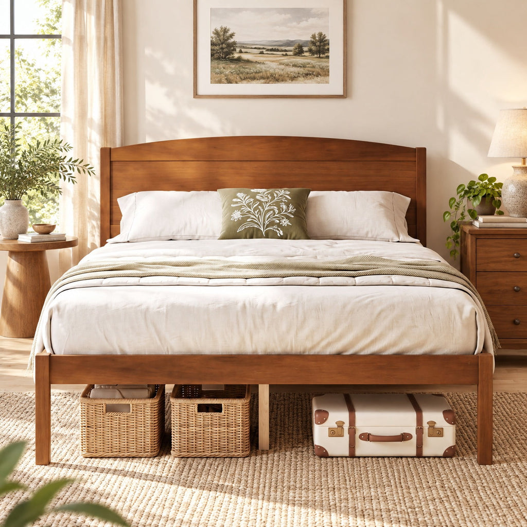 Airfind Full Size Wooden Platform Bed Frame with Curved Headboard, 300 lbs Capacity, Pine Wood Engineered Wood Frame, 80 x 57 x 37.5 Footprint
