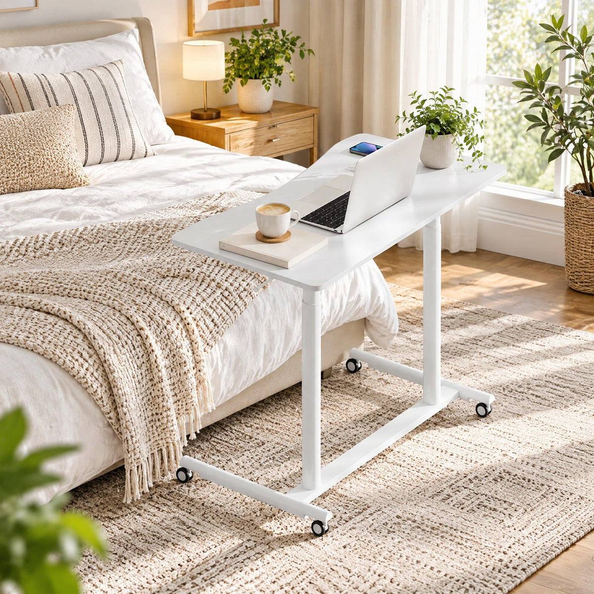 Airfind Height Adjustable Computer Desk Sit to Stand Rolling Table, MDF Frame, 37.5 x 21.5 x 27.5-42 Footprint, White