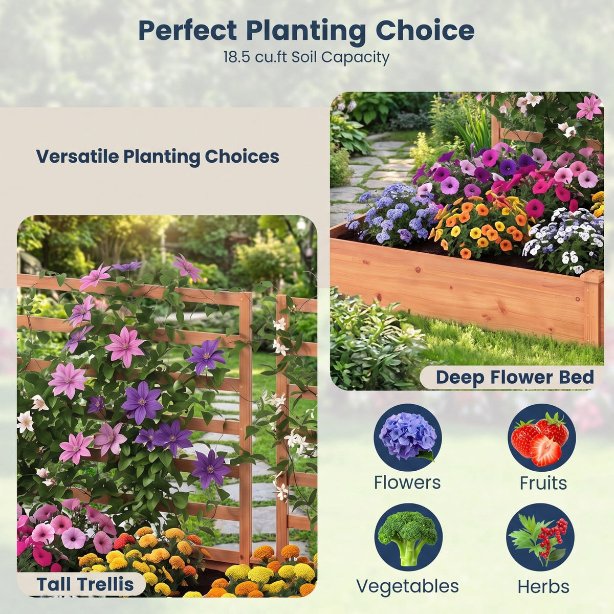 Airfind Raised Garden Bed with 2 Planter Boxes and 3 Trellis, 22 lbs Capacity, Fir Wood Frame, 88 x 45 x 43 (L x W x H) Interior Footprint