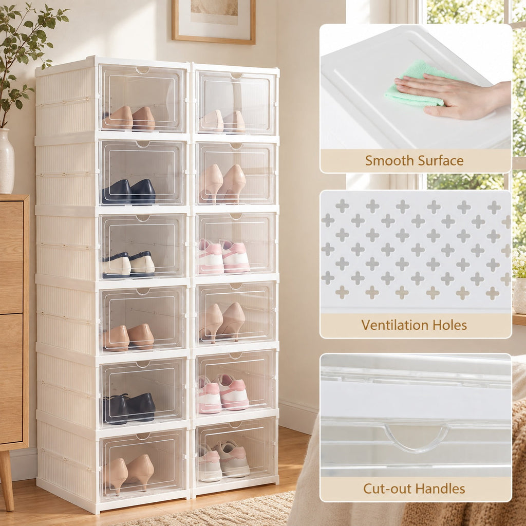 AIRFIND 6-Tier Shoe Organizer with Clear Doors, Magnetic Closures and Foldable Plastic Frame, Ventilated Shoe Storage for Closet or Entryway
