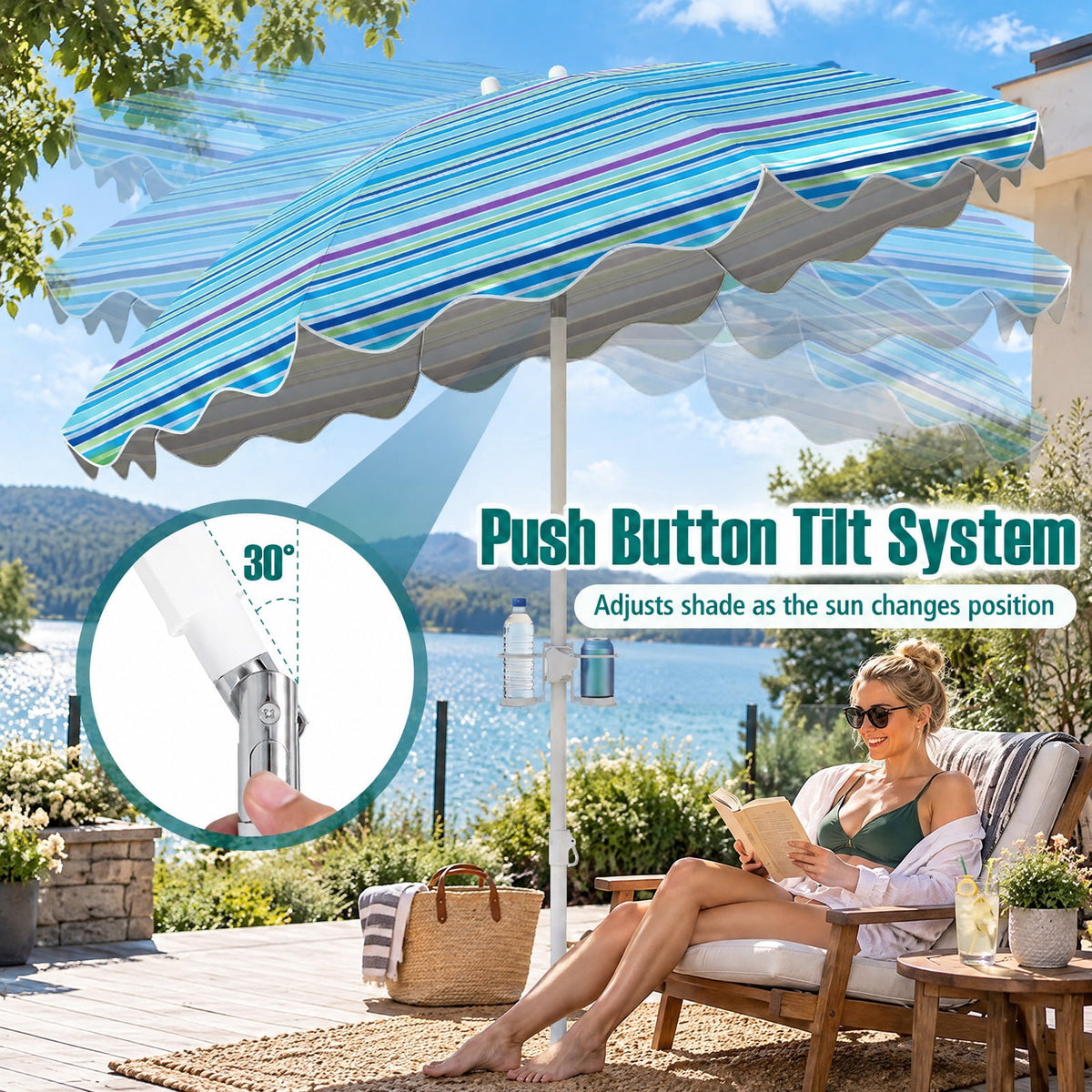 Airfind 6.5 FT Beach Umbrella UPF 50+ with Sand Anchor for Garden Pool, Polyester Fabric Metal Aluminum Alloy PP Frame, Blue Stripe