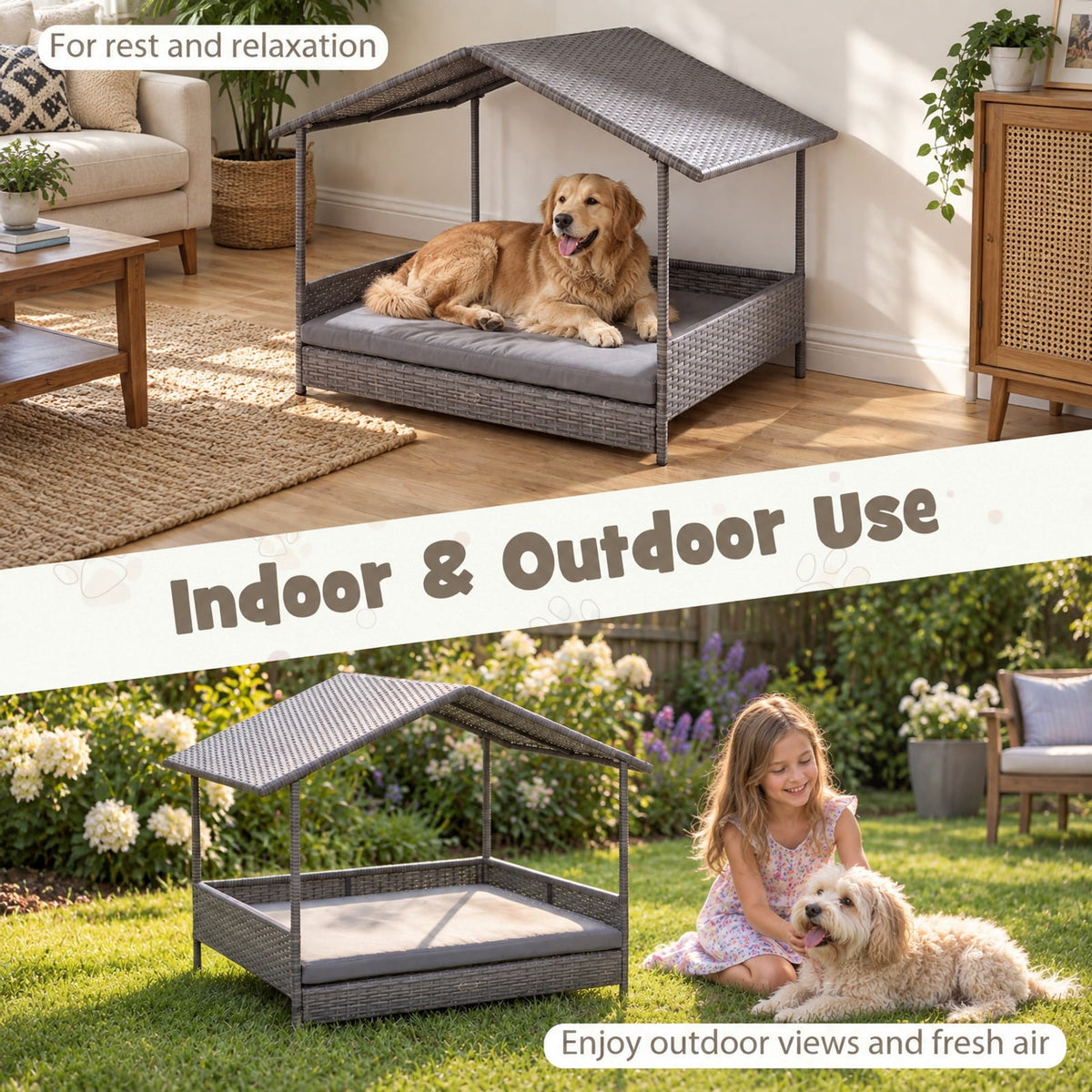 Airfind Wicker Dog House Elevated PE Rattan Dog Bed with Canopy, 165 lbs Capacity, PE Rattan Metal Polyester Fabric Sponge Frame, Gray