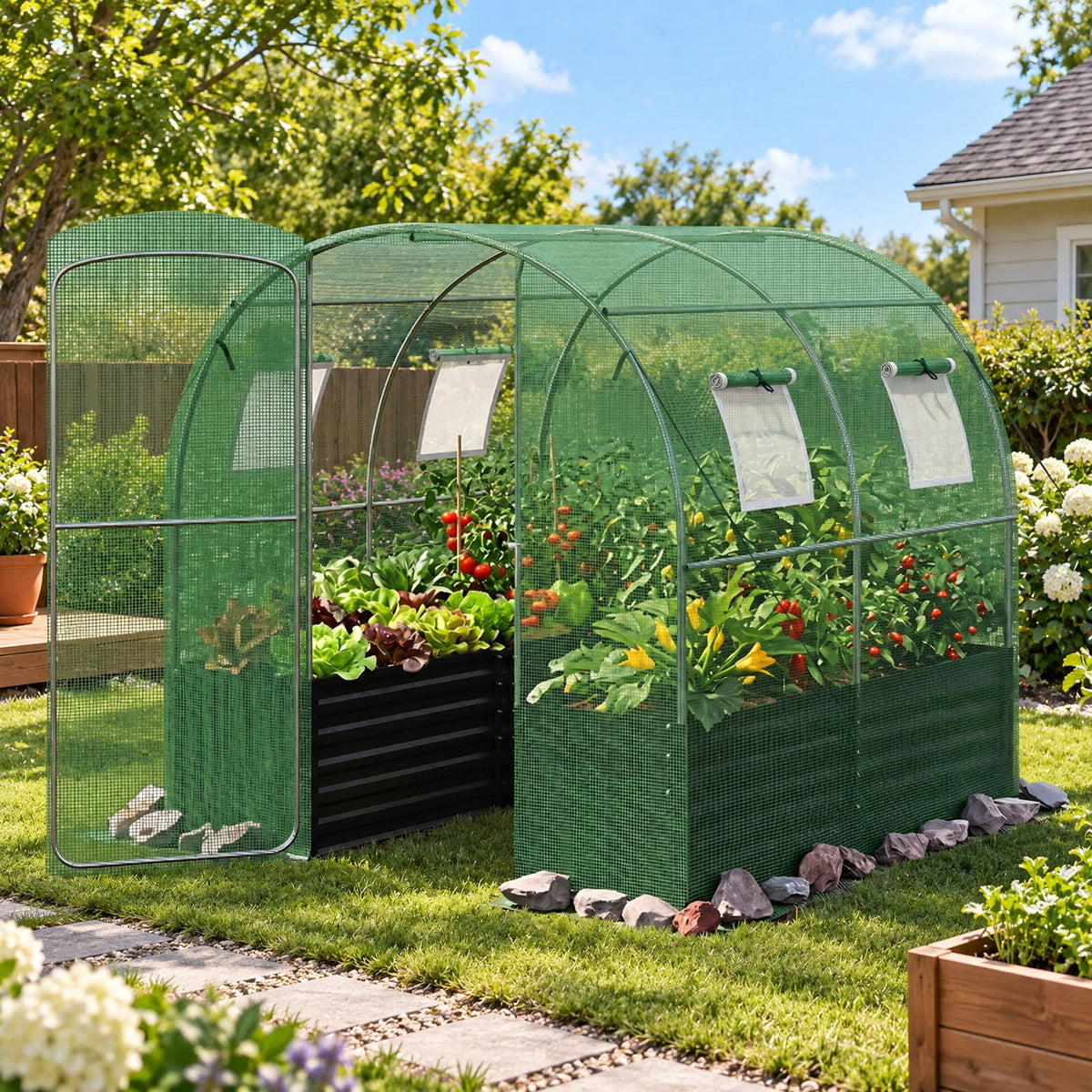 Airfind 80 x 79 x 79 Inches Walk-in Greenhouse with Large Plant Bed, Green, 4 side mesh windows keep small pests away