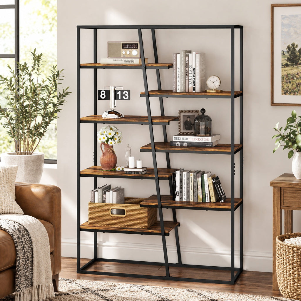Airfind 71-Inch 7-Tier Industrial Etagere Bookcase with Heavy-duty Metal Frame, Engineered Wood Metal Frame, 45in x 16in x 71in Footprint, Brown
