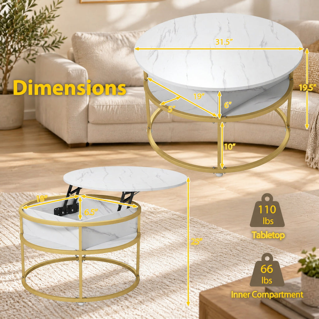 Airfind 31.5 Inch Round Lift Top Coffee Table with Hidden Compartment and Side Shelves, 110 lbs Capacity, Engineered Wood Metal Frame, White