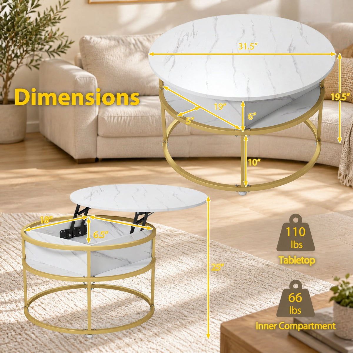 Airfind 31.5 Inch Round Lift Top Coffee Table with Hidden Compartment and Side Shelves, 110 lbs Capacity, Engineered Wood Metal Frame, White