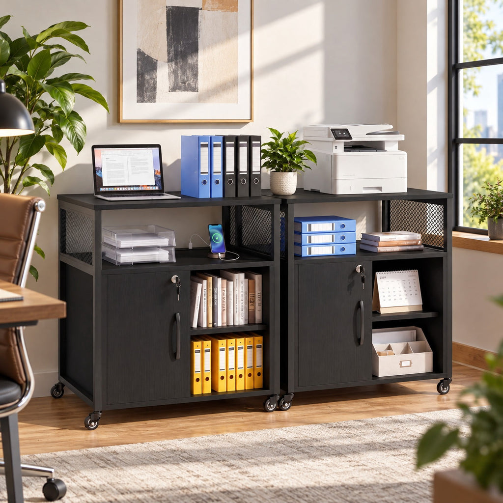 Airfind File Cabinet on Wheels with Charging Station and Cable Management Hole, 24 Inch x 17 Inch x 26 Inch Footprint, Black