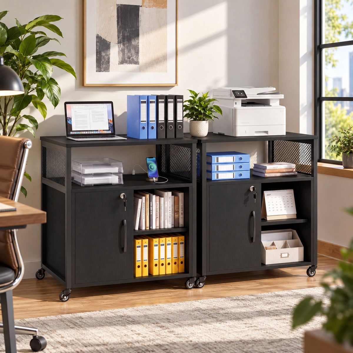 Airfind File Cabinet on Wheels with Charging Station and Cable Management Hole, 24 Inch x 17 Inch x 26 Inch Footprint, Black