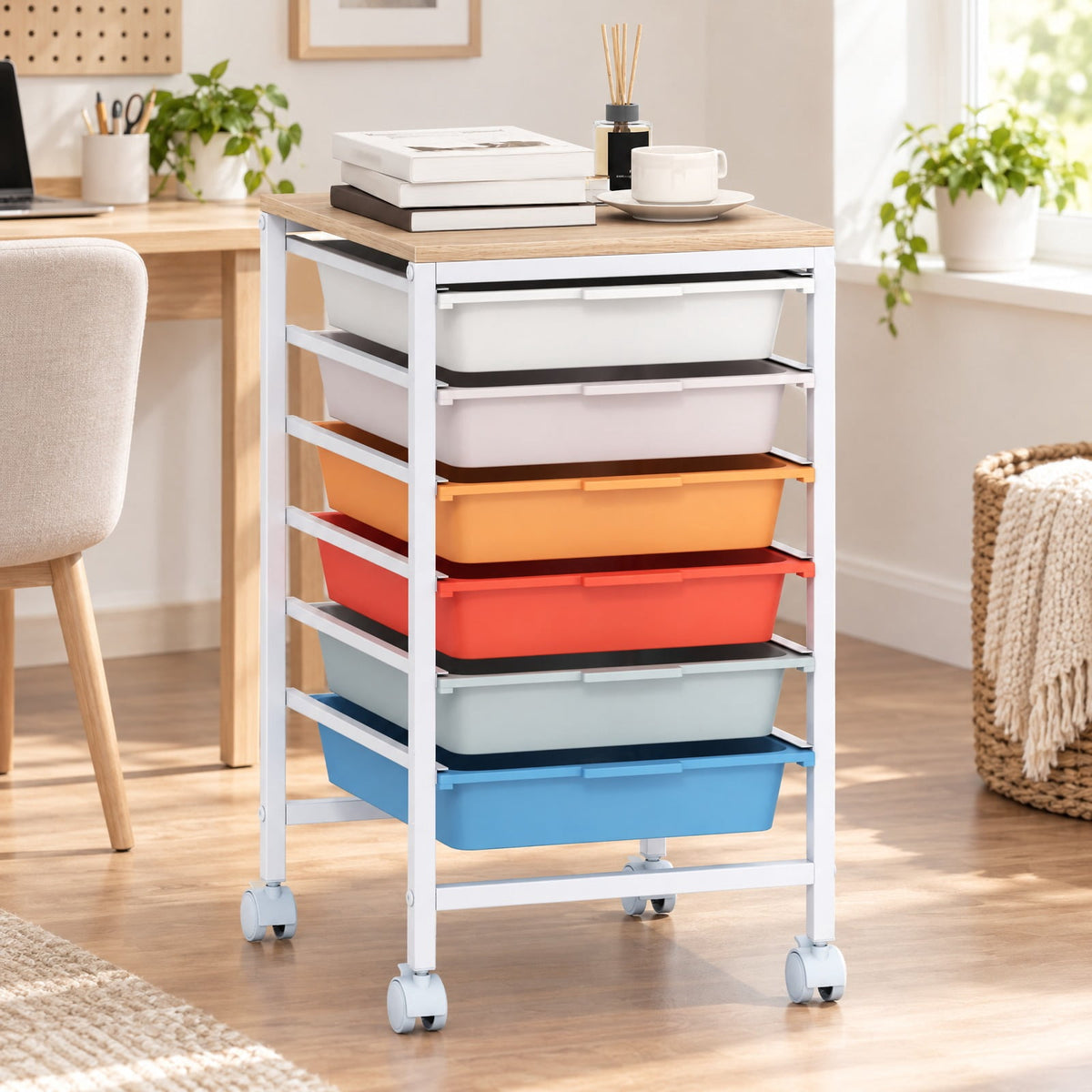 Airfind 6-Drawer Rolling Storage Cart with Wooden Tabletop, 35 lbs Capacity, MDF PP Metal, 14.5 Inch x 13 Inch x 22.5 Inch , Natural + White