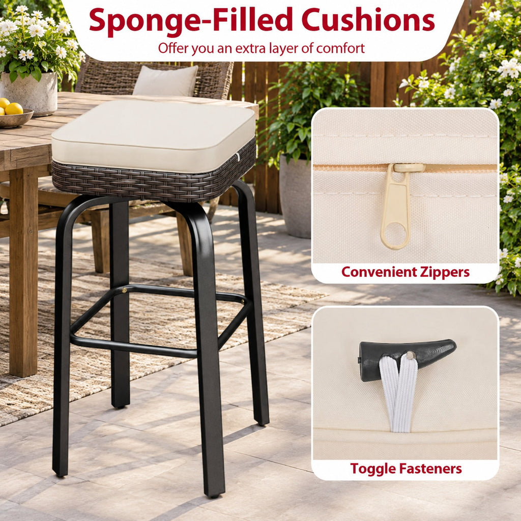 Airfind 3 Pieces Outdoor Swivel Bar Set PE Rattan Bar Height Table with 2 Chairs, PE Rattan Metal Tempered Glass Polyester Sponge Frame, White