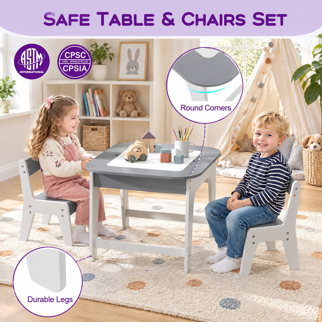 Airfind Youth Table and Chairs Set with Double-sized Tabletop, 44 Lbs Capacity, Mdf, for 3-6 Years Old for Convenient Everyday Use, Gray