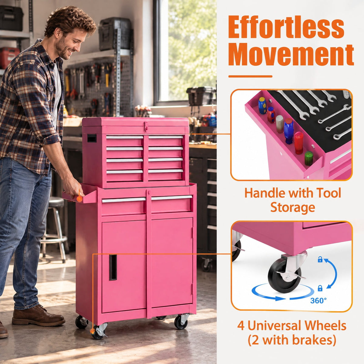Airfind 2-in-1 Rolling Tool Chest with 5 Sliding Lockable Drawers, 220.5 lbs Capacity, Steel rubber-plastic synthetic Frame, Pink Main