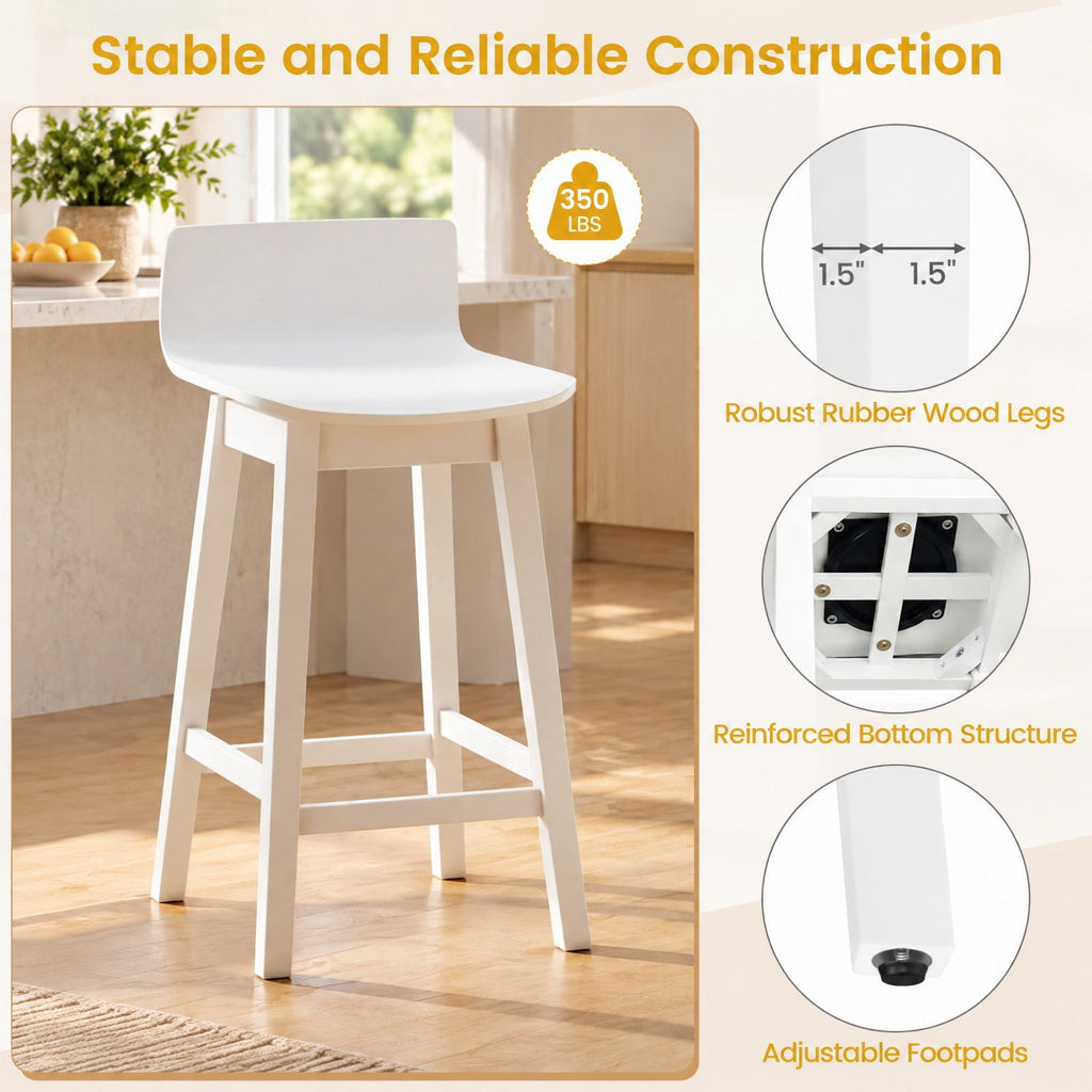 Airfind 24.5 Inch Swivel Wooden Bar Stools Set of 2 with Rubber Wood Legs and Low Back, 350 lbs Capacity, Rubber Wood Plywood Frame, White
