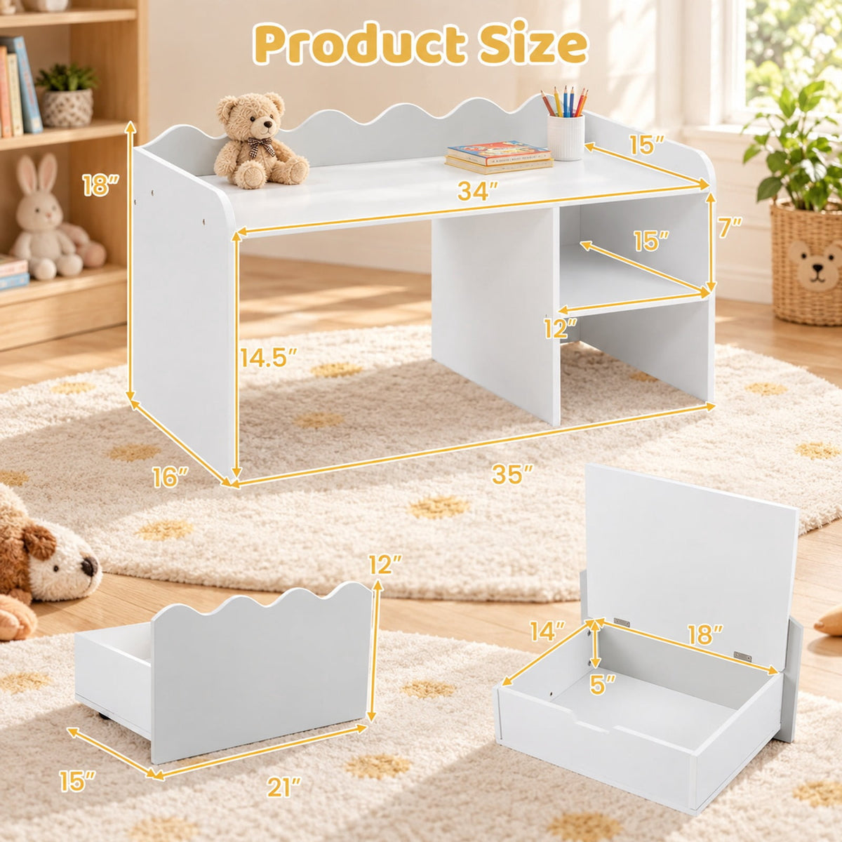Airfind Scalloped Kids Bookshelf and Toy Storage Organizer for Playroom, 77 lbs Capacity, MDF Frame, for 3+ Years Old, 35 Inch x 16 Inch x 18 Inch Footprint