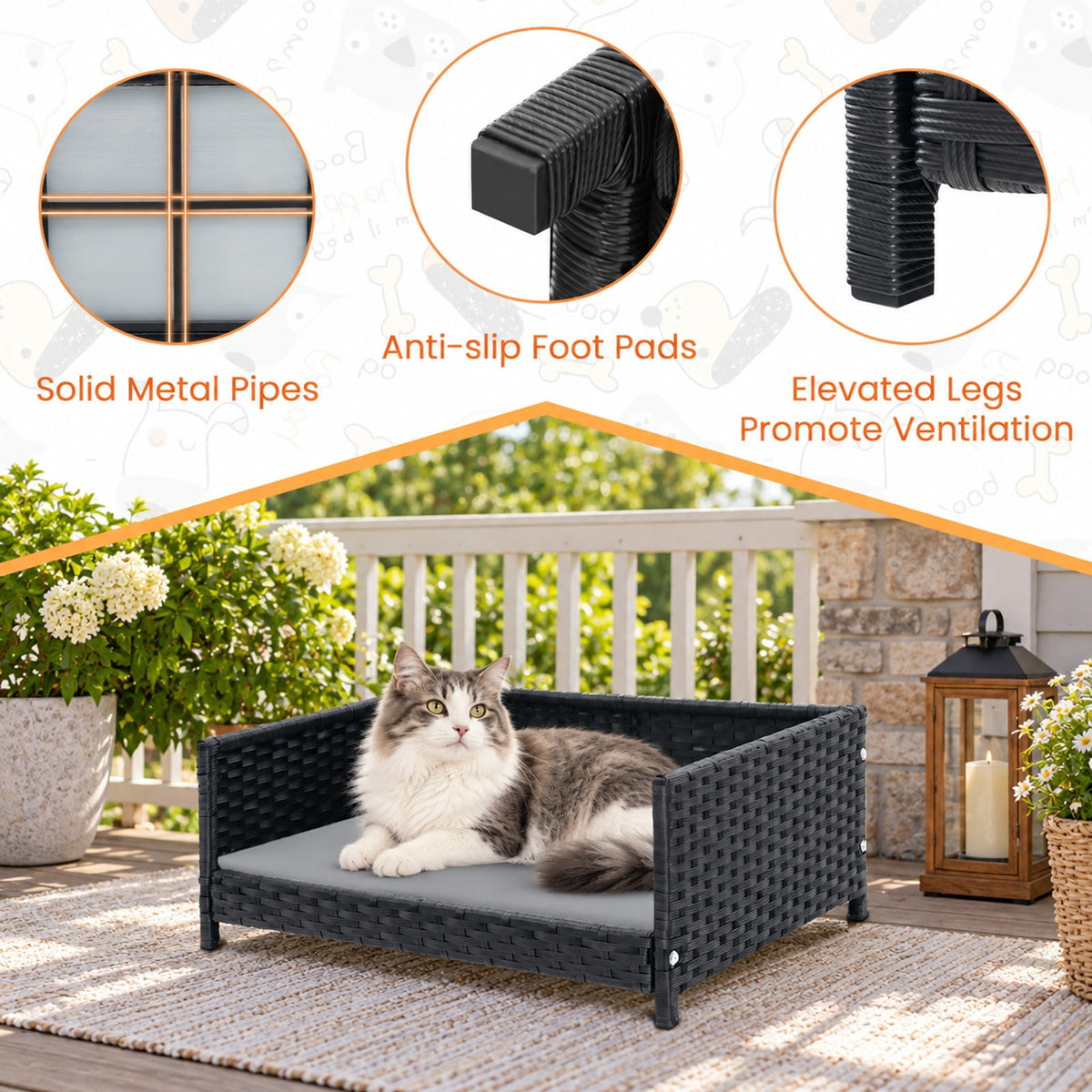 Airfind Rattan Dog Bed with Waterproof Soft Cushion for Medium Small Dogs Cats, 66 lbs Capacity, 24.5in x 18in x 10in Footprint, Gray