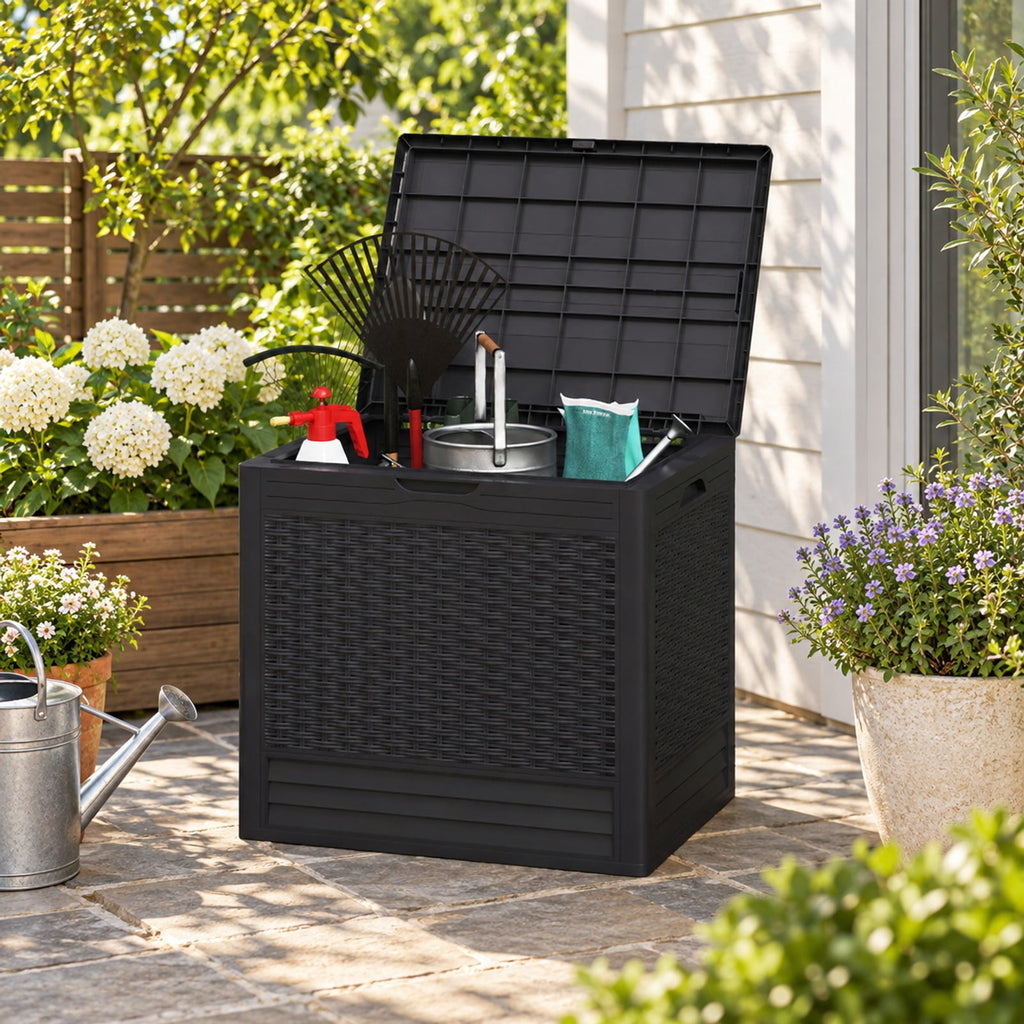 Airfind 25 Gallon Outdoor Storage Box with Rattan Patterns, 180 lbs Capacity, PP Frame, 23 x 17 x 21 Footprint, Brown