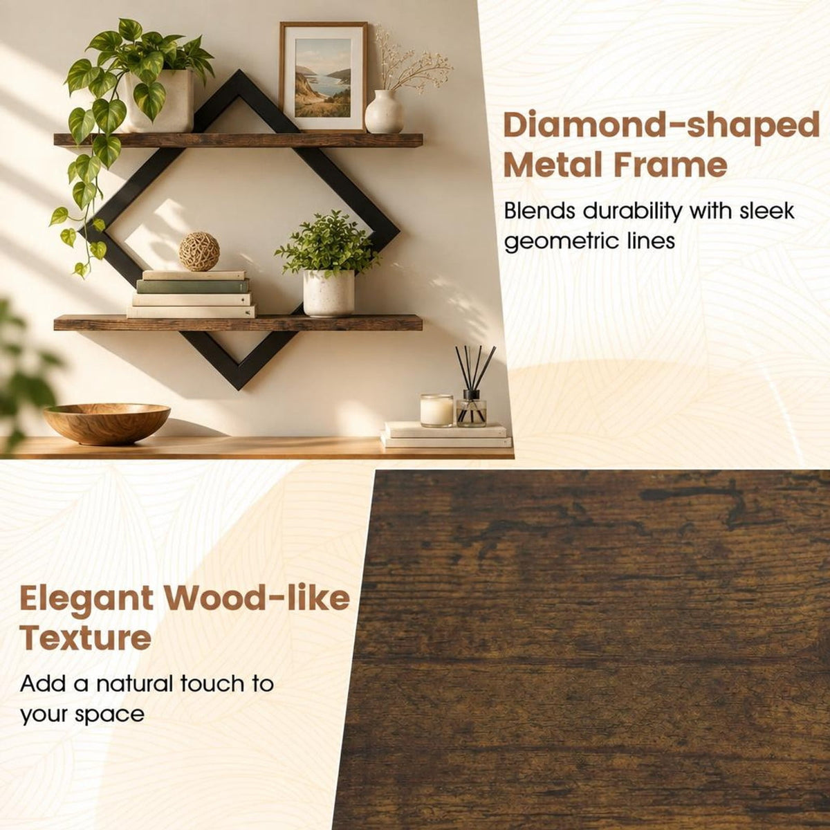 Airfind Set of 2 Metal Floating Shelves for Wall featuring Geometric Frame, Engineered Wood Metal Frame, 15 Inch x 6.5 Inch x 14 Inch Footprint, Brown