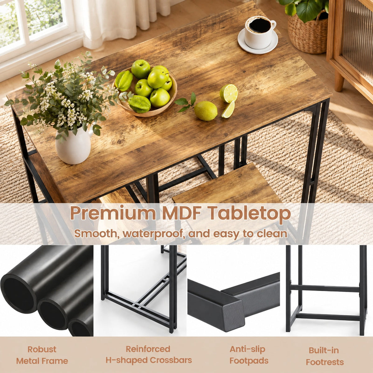 Airfind 3-Piece Bar Table Set for 2 Bar-Height Dining Table with 2 Stools, 220 lbs Capacity, MDF Metal Frame, Coffee