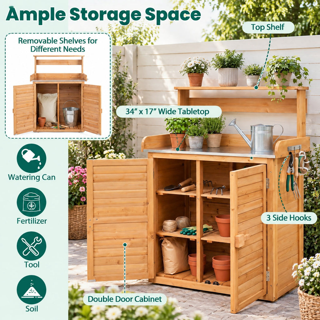 Airfind Wood Plant Workstation with Stainless Steel Tabletop and Removable Shelves, 110 lbs Storage Shelf Capacity, Fir Wood Stainless Steel Frame