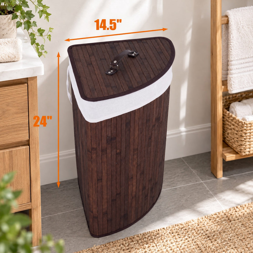 Airfind Corner Bamboo Hamper Laundry Basket, Bamboo and polyester cotton Frame, Brown, Easy to carry with a handle on each side
