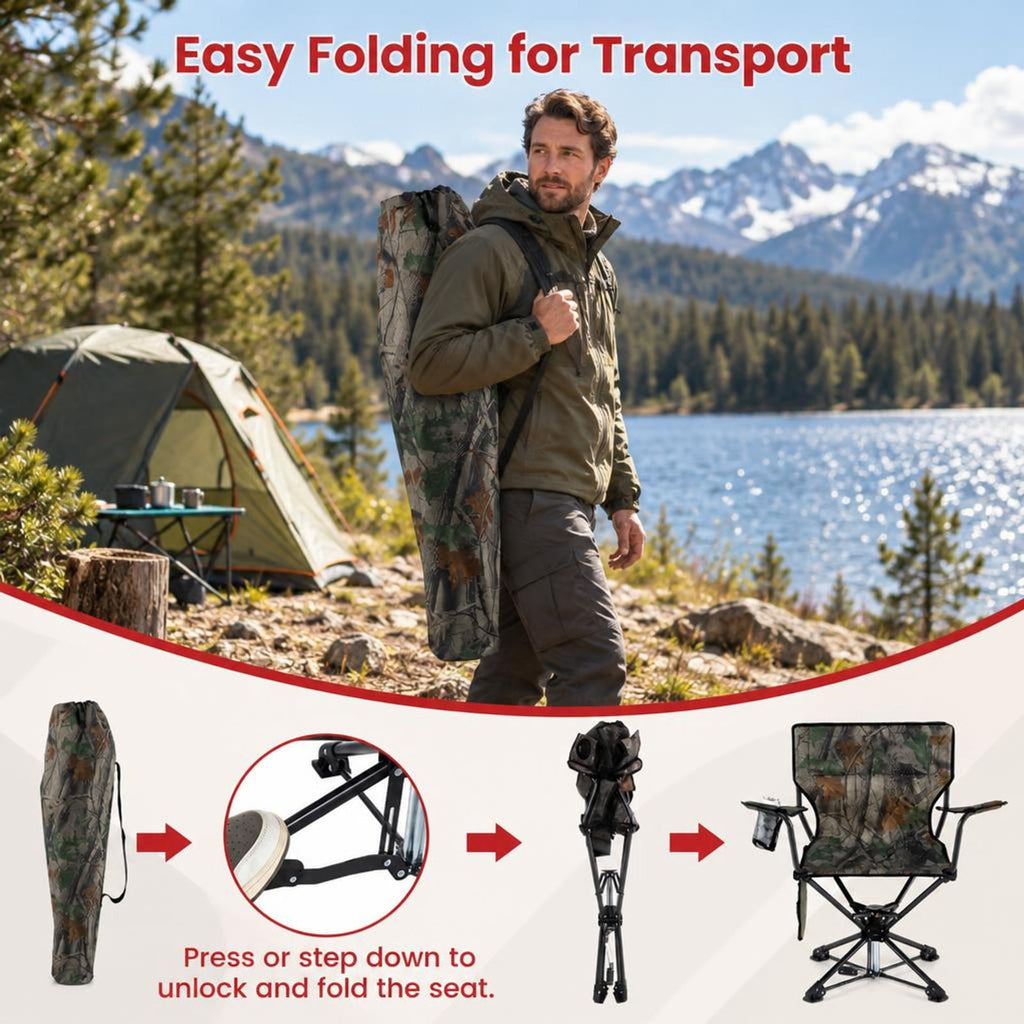 Airfind 360° Swivel Hunting Chair Portable Foldable with Mesh Cup Holder and Storage Pockets, 300 lbs Capacity, 600D Oxford Fabric PE Metal Frame