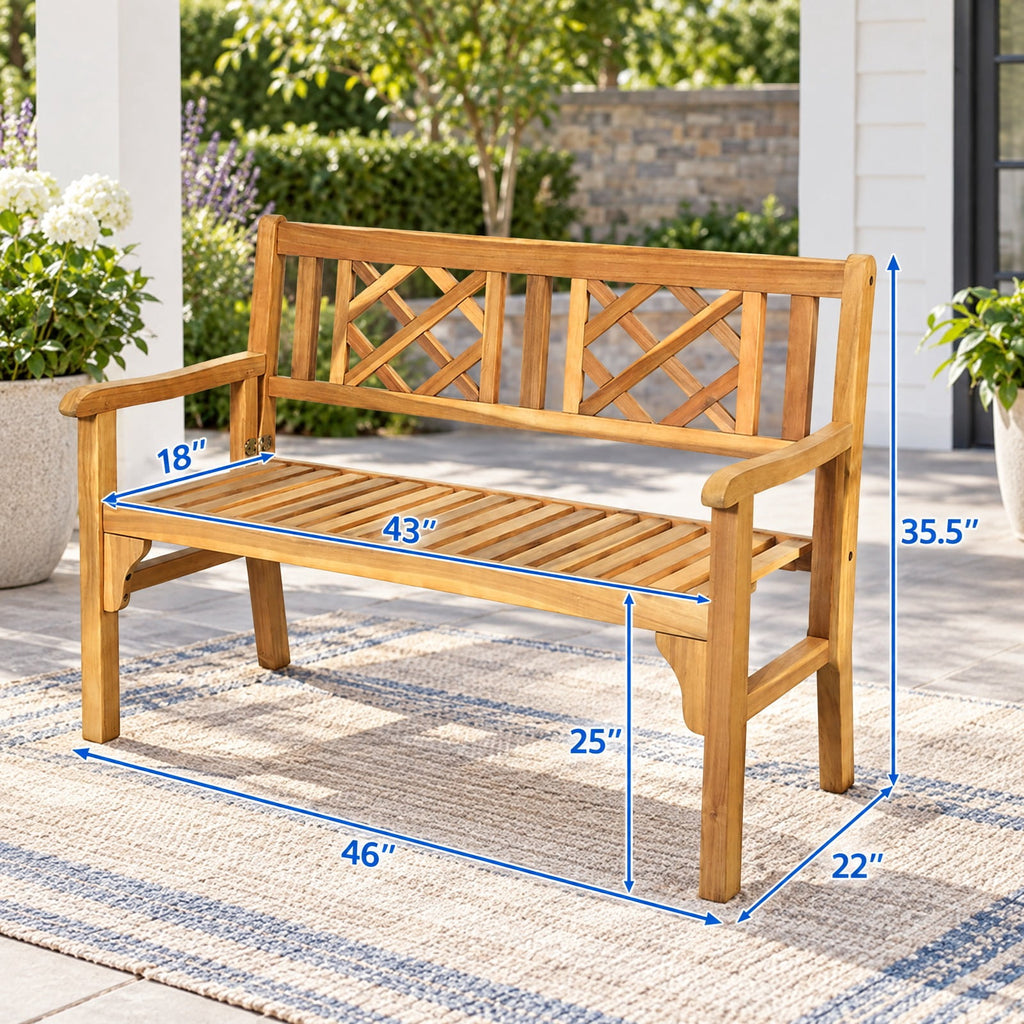 Airfind Patio Foldable Bench with Curved Backrest and Armrest, 705 lbs Capacity, Acacia wood Frame, Teak