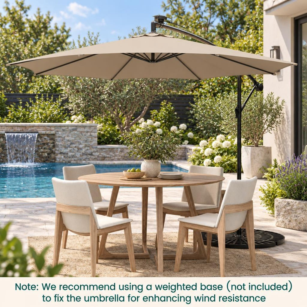 Airfind 10 Feet Patio Offset Umbrella with 112 Solar-Powered LED Lights, Polyester Fabric Metal Frame, 10 x 8 ft Footprint, Beige