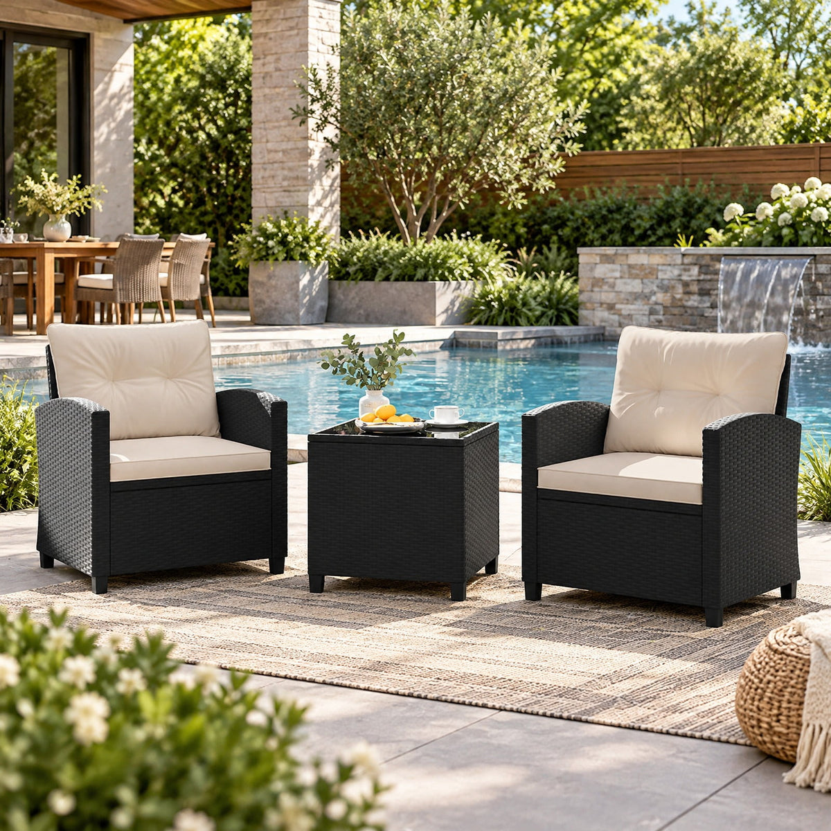 Airfind 3 Pieces Patio Furniture Set with Tempered Glass Coffee Table, 400 lbs Capacity, PE Rattan Metal Tempered Glass Polyester Sponge Frame