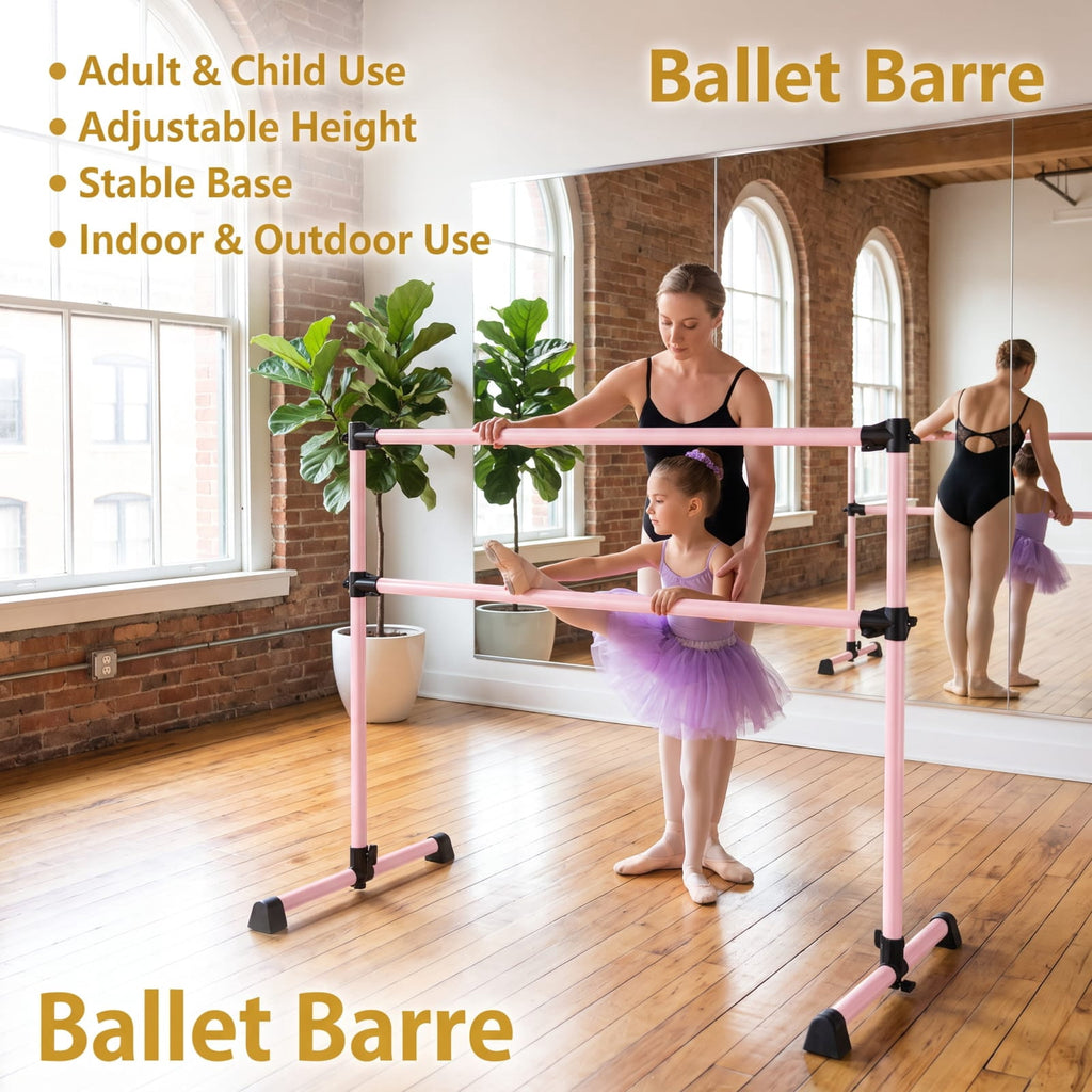 Airfind 4 Feet Double Ballet Barre with Adjustable Height and Anti Skid Pads for Home Dance Studio Stretching and Practice, Pink