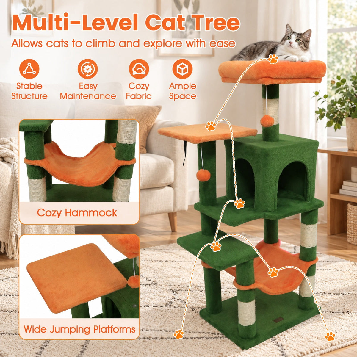 Airfind Multi-Level Cat Tower with 2-Door Condo and Padded Top Perch, PP Cotton Fabric Sisal Engineered Wood Overall Height 44 Base Frame, Green