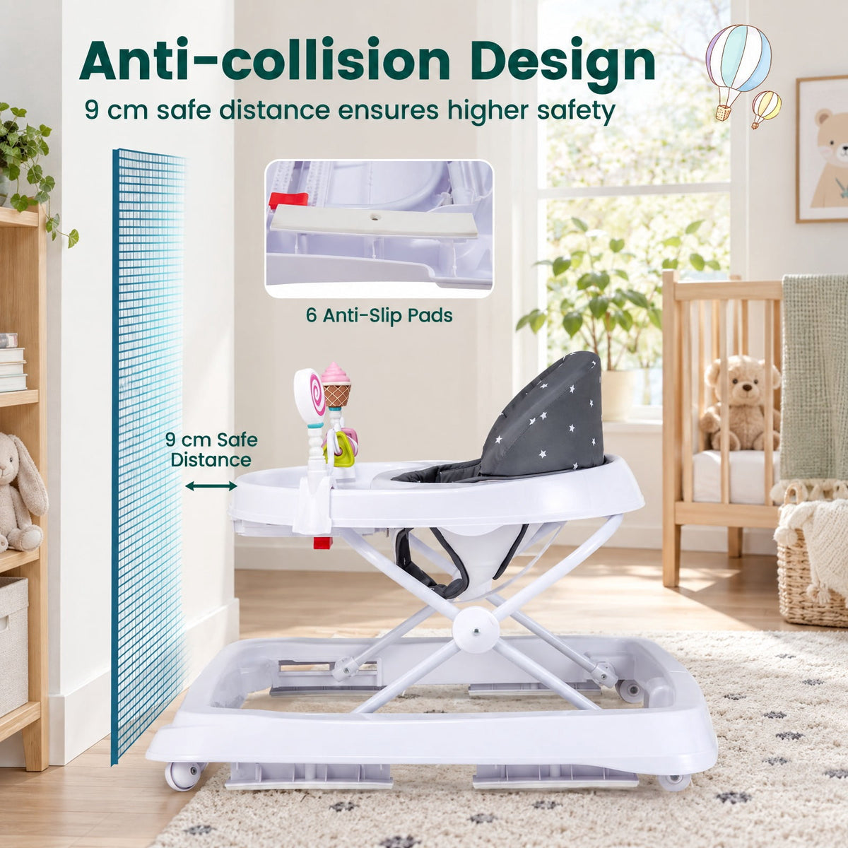 Airfind Foldable Baby Activity Walker with Adjustable Height and Detachable Seat Cushion, 30 lbs Capacity, PP Metal Frame, for 6-36 Months Old, Gray