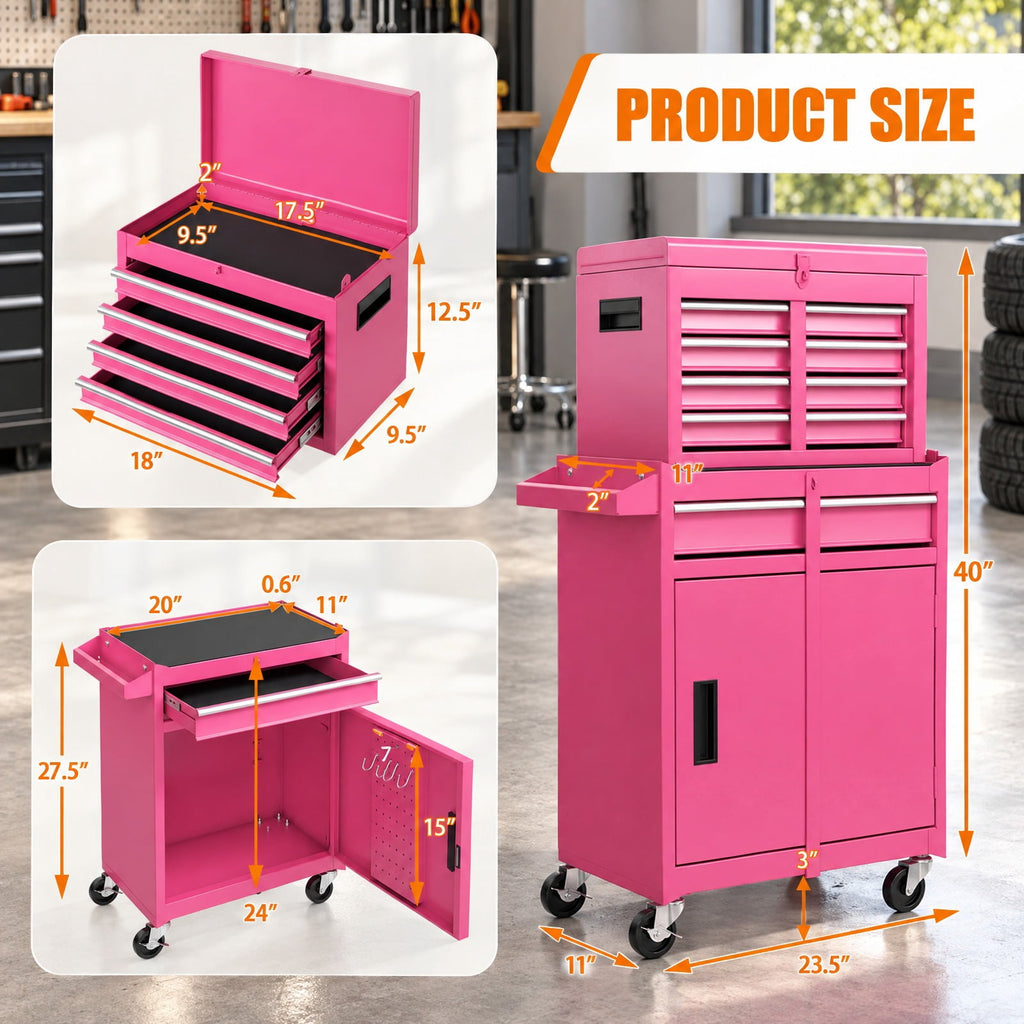 Airfind 2-in-1 Rolling Tool Chest with 5 Sliding Lockable Drawers, 220.5 lbs Capacity, Steel rubber-plastic synthetic Frame, Pink Main