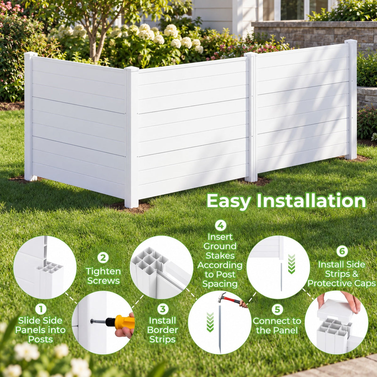 Airfind 48 x 38 Inch Air Conditioner Fence 3 Panels with Metal Ground Stakes for Patio Backyard, PP ABS Galvanized Metal Frame, White