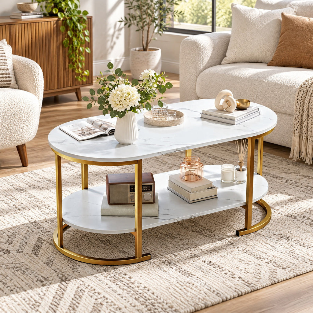 Airfind Oval Coffee Table 2-Tier Wooden Accent Table with Spacious Tabletop and Open Storage Shelf, Engineered Board Metal Frame, White