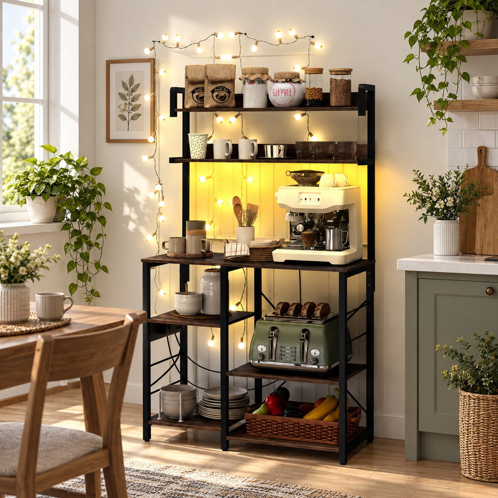 Airfind Kitchen Bakers Rack with Power Outlet 5-Tier Microwave Oven Stand with LED Lights, Top Shelf 4.5 lbs Capacity, Engineered Board Metal Frame