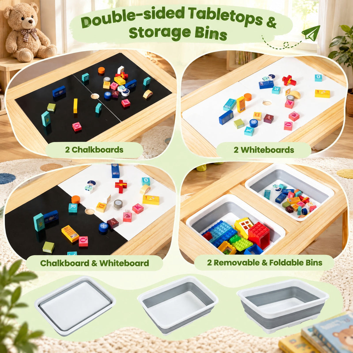Airfind Wooden Kids Activity Table Set with Double-Sided Boards, 200 lbs Capacity, Pine Wood MDF Frame, 32 x 23 x 19.5 Footprint, Natural
